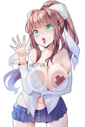 1girls 2021 2:3 against_fourth_wall against_wall artist_name bandaid bandaids_on_nipples blush bow breast_press breasts brown_hair cleavage clothing doki_doki_literature_club eyebrows_visible_through_hair female female_only green_eyes hair_ribbon hand_on_wall hotvr large_breasts leaning_forward licking long_hair long_ponytail looking_at_viewer monika_(doki_doki_literature_club) nipples nipples_visible_through_clothing off_shoulder partially_unbuttoned pasties patreon pixiv red_pasties ribbon see-through see-through_clothing shirt simple_background skirt solo standing tied_hair tongue tongue_out watermark white_background x_pasties