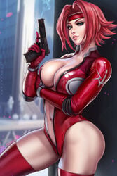 1girls abs against_wall arm_under_breasts bare_arms bare_shoulders bare_skin bare_thighs big_breasts blue_eyes breasts child_bearing_hips cleavage clothed clothing code_geass cute_face dandon_fuga female female_focus female_only headband hips holding_gun holding_weapon kallen_stadtfeld large_breasts leotard looking_at_viewer navel pistol pussy red_hair short_hair solo solo_female solo_focus thick_thighs thighhighs thighs thunder_thighs wide_hips zipper_down