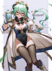 1girls amber_eyes animal_ears big_breasts bkclo3 breasts brown_eyes curvy curvy_body fox_ears fox_girl genshin_impact glasses green_hair leotard sucrose_(genshin_impact) thick_thighs thighhighs thighs tight_clothing yellow_eyes