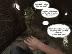 3d ass big_ass big_breasts big_butt breasts brown_hair bubble_butt comic comic_page cougar daz_studio english english_text gilf green_skin grotesque hairy hairy_butt hairy_legs horror mature mature_female milf misuzalha3d monster monster_girl olga_(misuzalha3d) pov scared sewer speech_bubble taker_pov ugly witch