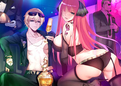 1girls alcohol ass big_breasts black_legwear black_panties breasts champagne drink eyewear_on_head go-toubun_no_hanayome kosmos_beta large_breasts legwear long_hair looking_at_viewer nakano_nino necklace pantsu ribbon shoulder_tattoo sunglasses sunglasses_on_head tattoo uesugi_fuutarou