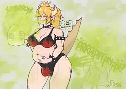 abs belly belly_bulge big_belly bikini blonde_hair bowsette bulge burp burping fart fart_cloud fart_fetish farting futanari hand_on_belly lactose_intolerance mario_(series) musclegut muscular new_super_mario_bros._u_deluxe open_mouth pointy_ears snobbyfoxy