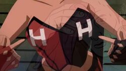 1girls adult_swim batman_(series) bending_forward bending_over breasts bustier cleavage close-up dc_comics dcuaom fanservice female female_focus female_only harley_quinn injustice_(film) leaning_forward letters pointing_at_self screenshot small_breasts supervillainess toonami