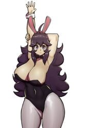 1girls alternate_breast_size big_breasts breasts bunny_ears bunnysuit curvy_figure doublehero eye_contact female hex_maniac human large_breasts leotard long_hair looking_at_viewer nintendo pantyhose pokemon pokemon_xy purple_eyes purple_hair solo thick_thighs thighs