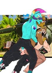 anal_sex blonde_hair blue_body blush cum_inside double_penetration drift_(fortnite) fortnite furry gay half-dressed llambro_(fortnite) masked muscular_thighs randomonimusxd raptor_(fortnite) tears threesome yaoi