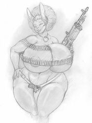 alba_(blackfox85) ammo_belt anthro big_breasts blackfox85 breasts covered_nipples explosives female grenade gun hand_on_hip hi_res holstered_pistol huge_breasts lagomorph leporid looking_at_viewer m60 machine_gun mammal monochrome navel rabbit ranged_weapon solo weapon wide_hips wide_thighs