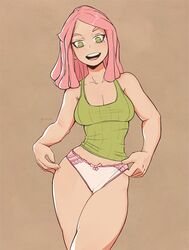 1girls bow_panties breasts cleavage female female_only green_eyes hand_on_hip litsilium looking_at_viewer mei_hatsume my_hero_academia panties panties_pull pink_hair pink_panties smile solo tank_top thighs