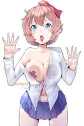 1girls 2021 2:3 against_fourth_wall against_wall artist_name bandaid bandaids_on_nipples blush bow breast_press breasts brown_hair cleavage doki_doki_literature_club eyebrows_visible_through_hair female female_only hair_between_eyes hair_ribbon hands_on_wall hotvr leaning_forward licking looking_at_viewer medium_breasts navel nipples nipples_visible_through_clothing off_shoulder open_mouth partially_unbuttoned pasties patreon pixiv pleated_skirt red_pasties ribbon sayori_(doki_doki_literature_club) see-through see-through_clothing shirt short_hair simple_background skirt solo standing thighs tongue tongue_out watermark white_background x_pasties