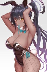 1girls animal_ears aqua_neckwear arm_tattoo armpits arms_up black_hair black_leotard blue_archive blush bow bowtie breasts bunny_ears cleavage dark-skinned_female dark_skin detached_sleeves female female_focus female_only fishnet_legwear fishnets from_side hair_tie_in_mouth halo highres karin_(blue_archive) karin_(bunny)_(blue_archive) large_breasts leotard long_hair looking_at_viewer millennium_science_school_student mouth_hold playboy_bunny ponytail rabbit_ears rabbit_tail solo solo_female solo_focus tail tattoo tying_hair very_long_hair yasojima_nejiro yellow_eyes