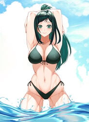 1girls arms_up bikini breasts cleavage esg_(essagna) female female_only front-tie_bikini green_eyes green_hair highleg_bikini highleg_swimsuit inko_midoriya long_hair looking_at_viewer mature_female milf mother my_hero_academia navel ocean outdoors partially_submerged side-tie_bikini skindentation smile solo swimsuit water