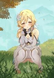 1girls bare_shoulders blonde_hair blush breasts casual_peeing cleavage cleft_of_venus female female_only flower flower_on_head genshin_impact hair_ornament long_hair lumine_(genshin_impact) medium_breasts metaring open_mouth peeing pussy solo squatting sweatdrop urine yellow_eyes