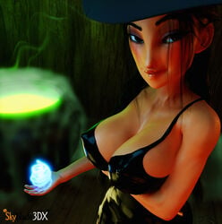 3d 3d_(artwork) bare_arms bare_legs bare_shoulders big_breasts black_hair blender braid breasts brown_eyes brown_skin busty cauldron cleavage close-up cosplay dark-skinned_female dark_hair dark_skin disney disney_princess dress female_focus female_only halloween halloween_costume hard_nipples hi_res looking_at_viewer magic native_american nipples pocahontas pocahontas_(character) ponytail seductive seductive_smile skyblade3dx solo solo_female solo_focus thick_thighs tight_clothing tight_dress twintails watermark wide_hips witch witch_hat