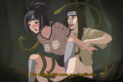 1boy 1girls ambiguous_penetration arms_held_back black_hair blush cave clothed_sex commentary cum cum_on_lower_body cum_on_thighs cumdrip female fishnet_shirt fruhlingsbilder headband indoors licking long_hair long_tongue male mitarashi_anko moaning naruto naruto_(classic) naruto_(series) open_mouth orochimaru partially_clothed purple_hair rape restrained reverse_cowgirl_position sex shirt skirt snake talking text