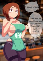 1girls absurd_res apron big_breasts breasts brown_eyes brown_hair eye_contact female freshnsfw high_resolution huge_breasts iced_latte_with_breast_milk large_breasts looking_at_viewer meme my_hero_academia ochako_uraraka panties pantyhose short_hair smile standing topless transparent_clothing very_high_resolution