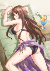 ass bikini black_bikini black_swimsuit blush breasts brown_eyes brown_hair clothing combatants_will_be_dispatched! cup female food grimm_(combatants_will_be_dispatched!) kiasa large_breasts long_hair lying on_stomach purple_sarong sarong sideboob solo swimsuit wavy_mouth