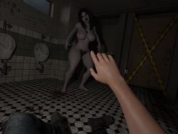 3d aiko_(misuzalha3d) bathroom bathroom_stall big_breasts breasts daz_studio female ghost ghost_girl hairy hairy_legs hairy_pussy horror looking_at_viewer misuzalha3d nipples offscreen_character pov pussy restroom restroom_stall standing staring_at_viewer submissive_pov