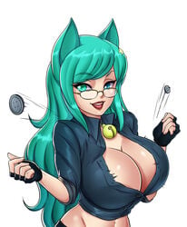 1girls absurdres animal_ears bell bell_collar big_breasts blue_eyes breasts bursting_breasts collar collared_shirt davyonmartz eyelashes female fingerless_gloves flying_button glasses gloves green_eyes green_hair hair_ornament highres jingle_bell large_breasts lipstick long_hair looking_at_viewer makeup midriff open_clothes open_mouth open_shirt original popped_button simple_background smile solo star_hair_ornament