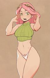 1girls breasts cameltoe female female_only female_solo glasses glasses_on_head green_eyes litsilium looking_at_viewer mei_hatsume my_hero_academia navel panties pink_hair pink_panties solo thick_thighs thighs