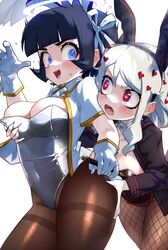 ass ass_grab azazel_(helltaker) black_hair blue_eyes blush breast_grab breasts bunny_ears bunnysuit female fishnets gloves heart heart-shaped_pupils helltaker hizake kashu_(hizake) modeus_(helltaker) pen red_eyes straight_hair sweat tagme white_hair