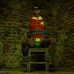 3d 3d_(artwork) ball_gag bara batman_(series) bdsm dc dc_comics dick_grayson gag gay male male_focus male_only msangelfood muscles robin_(dc) robin_(dick_grayson) superhero tied_up