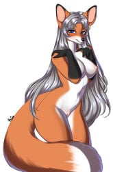 anthro breasts canid canine female fox fur genitals hi_res mammal multicolored_body multicolored_fur nude pussy reina. simple_background solo standing white_background