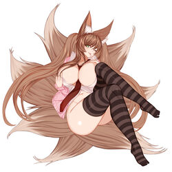 1girls animal_ears between_breasts blush bottomless breasts brown_hair collared_shirt esg_(essagna) female female_only fox_ears fox_tail green_eyes highres knees_up large_breasts looking_at_viewer multi_tail multiple_tails necktie necktie_between_breasts no_bra open_clothes open_shirt original plushmallow smile solo striped striped_legwear tail thighhighs tongue_out twintails very_long_hair wink