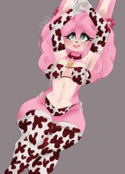 animal_print anthro armwear breasts bunny_ears clothing cow_print cowbell elbow_gloves fan_character female flower_in_hair fur gloves green_eyes hair handwear hi_res kittyq lagomorph legwear leporid lingerie long_hair mammal medium_breasts panties pink_body pink_fur pink_hair puffy_hair rabbit sega solo sonic_(series) sonic_oc sonic_the_hedgehog_(series) stockings thick_thighs underwear wide_hips