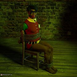 3d 3d_(artwork) ball_gag bara batman_(series) bdsm dc dc_comics dick_grayson gag gay male male_focus male_only msangelfood muscles robin_(dc) robin_(dick_grayson) superhero tied_up