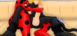 1boy 1girls adrien_agreste balls bed blonde_hair cat_noir exposed_breasts exposed_penis female handjob ladybug_(character) light-skinned_female light-skinned_male light_skin long_penis male marinette_cheng marinette_dupain-cheng miraculous_ladybug penis zayx