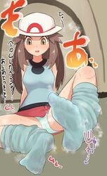 absurdres brown_eyes brown_hair creatures_(company) daba feet female female_focus foot_fetish foot_focus game_freak hat highres human leaf_(pokemon) long_hair loose_socks nintendo no_shoes open_mouth panties pantyshot pokemon pokemon_(game) pokemon_frlg socks soles solo steam underwear