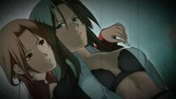 2girls angry asougi_rin black_bra bra brown_eyes brown_hair chuuou_higashiguchi cleavage glasses green_eyes green_hair imminent_torture long_hair mature mature_female mature_woman mnemosyne multiple_girls office_lady official_art open_clothes piercing short_hair smile tied tied_up torture_instruments yamanobe_sayara