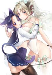 2girls alternate_costume areola_slip big_breasts blonde_hair blue_eyes butterfly_hair_ornament cat_ears cat_tail catgirl choker crop_top crossover darling_in_the_franxx demon_girl demon_horns demon_slayer demon_tail female female_only horns kimetsu_no_yaiba kochou_shinobu kokoro_(darling_in_the_franxx) kyarotto_(zenkixd) leotard looking_at_viewer looking_back pleated_skirt purple_eyes purple_hair school_uniform serafuku tail thighhighs twintails underboob white_legwear white_thighhighs