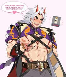 1boy abs arataki_itto bara big_breasts big_nipples big_pecs black_nails body_markings claws collar english_text genshin_impact grabbing_breasts grabbing_own_breast grabbing_own_chest grabbing_own_pecs harness himbo hokawazu horns lactating lactation male male_lactation male_only milk milking muscle muscles muscular muscular_male painted_nails pointy_nails solo spiked_bracelet spiked_collar tattoo tattoos white_hair