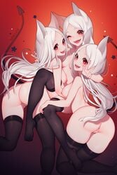 3girls absurd_res animal_ears areolae breasts cerberus_(helltaker) cute demon demon_girl female female_only helltaker high_resolution multiple_girls nanoless nipples peace_sign pussy red_eyes tail thighhighs thighs white_hair