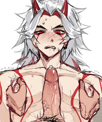 2d 2d_(artwork) arataki_itto artist_request big_pecs blush gay genshin_impact horns male male_only nipple_grab nipple_play nuyokai pecjob pecs red_eyes red_horns red_tattoo simple_background tagme_(artist) tattoo tattoos white_background yaoi