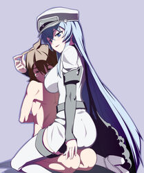 age_difference akame_ga_kill! bigger_dom blue_eyes blue_hair brown_hair closed_eye closed_eyes cowgirl_position dominant_female esdeath_(akame_ga_kill!) eyes_closed femdom hands_behind_back looking_down older_female on_knees on_top seductive_eyes seductive_look seductive_smile small_sub smile smiling submissive_male tatsumi_(akame_ga_kill!) younger_male