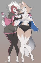 2girls big_breasts breasts female furry hourglass_figure lycanroc midday_lycanroc midnight_lycanroc pokémon_(species) pokemon sportswear tagme thick_thighs wide_hips yuio