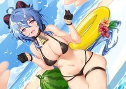 1girls :d ahoge bare_arms bare_shoulders bell bikini black_bikini black_choker black_gloves blue_hair breasts choker cleavage collarbone cowbell day dutch_angle female food fruit ganyu_(genshin_impact) genshin_impact gloves goat_horns halterneck hands_up horns innertube kikimi large_breasts long_hair looking_at_viewer low_ponytail multi-strapped_bikini navel open_mouth outdoors pink_eyes sitting skindentation smile solo stomach string_bikini swimsuit thigh_strap thighs very_long_hair watermelon wide_hips wristband