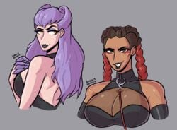 2d apex_legends black_clothing black_lipstick braided_hair cheekbones cleavage dark-skinnedsub evelynn grin k/da_all_out_evelynn k/da_all_out_series latex league_of_legends leash loba_(apex_legends) loggus_doggus shiny_clothes