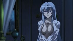 1boy age_difference akame_ga_kill! animated arms_behind_back blue_eyes blue_hair breasts_exposed brown_hair esdeath_(akame_ga_kill!) exposed_breast exposed_breasts hands_behind_back male night nighttime older_female open_clothes open_clothing robe smile tatsumi_(akame_ga_kill!) white_robe younger_male