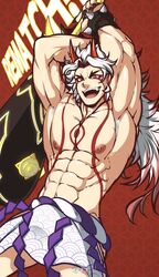 1boy abs arataki_itto bara black_nails body_markings bodypaint club facepaint fangs genshin_impact hair hairy_armpits horns huge_pecs inunekostudio male_only oni oni_horns open_mouth pecs red_eyes red_horns shirtless solo teeth text white_hair