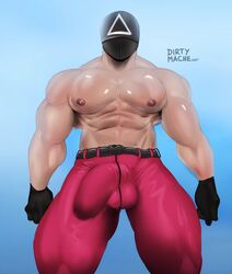 1boy 2021 abs belt big_penis black_gloves black_mask blue_background buff bulge gay gloves half_dressed half_naked light-skinned_male light_skin mache male male_nipples male_only male_solo mask masked masked_male netflix nipples penis penis_bulge pink_guard pink_pants simple_background solo solo_male squid_game tight_clothing triangle_(squid_game)