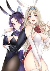 2girls alternate_costume blonde_hair blue_eyes bunny_ears bunnysuit butterfly_hair_ornament crossover darling_in_the_franxx demon_slayer female female_only garter_straps gloves hairband headband kimetsu_no_yaiba kochou_shinobu kokoro_(darling_in_the_franxx) kyarotto_(zenkixd) long_hair long_sleeves looking_at_viewer neck_ribbon pantyhose purple_eyes purple_hair stockings thighhighs wavy_hair white_legwear white_thighhighs