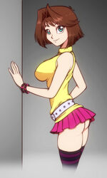 blue_eyes brown_hair female huge_breasts looking_at_viewer microskirt scorpdk solo tea_gardner thigh_highs yu-gi-oh!