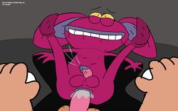 aaahh!!!_real_monsters anal antvarkcorp biting_lip black_eyes cum cumming_together gay grey_background ickis krumm light_skin nickelodeon purple_fur yellow_eyes