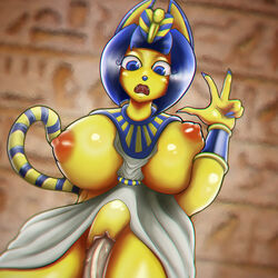 2021 animal_crossing animal_ear ankha ankha_ride_(minus8) blopkid blue_eyes blue_hair breasts breasts_out egyptian furry_ears nintendo nipples penetrate penetration penis purple_hair pussy thick_thighs thighs yellow_skin