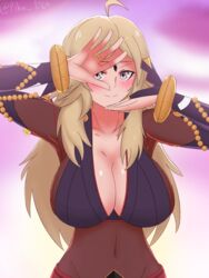 1girls ahoge alternate_costume alternate_version_available armpits blonde_hair blush bodystocking breasts cleavage collarbone cosplay fire_emblem fire_emblem_fates grey_eyes jojo_reference large_breasts long_hair looking_at_viewer navel nintendo ophelia_(fire_emblem) pibu pose purple_background rhajat_(fire_emblem)_(cosplay) sideboob simple_background smile solo upper_body