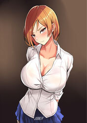 1girls big_breasts blush breasts brown_eyes brown_hair eye_contact female fully_clothed huge_breasts jujutsu_kaisen kugisaki_nobara large_breasts looking_at_viewer short_hair skirt smokin_(artist) solo standing tight_clothing