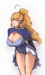 aestheticc-meme alternate_costume blonde_hair boob_window breasts cleavage cosplay dark_blonde dark_blonde_hair dirty_blonde dirty_blonde_hair dress long_hair outfit_swap purple_eyes rwby sandy_blonde sandy_blonde_hair thick_thighs wavy_hair weiss_schnee_(cosplay) yang_xiao_long