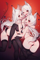 3girls absurd_res animal_ears breasts cerberus_(helltaker) cute demon demon_girl female female_only helltaker high_resolution micro_bikini nanoless nipple_bulge peace_sign red_eyes tail thighhighs thighs white_hair